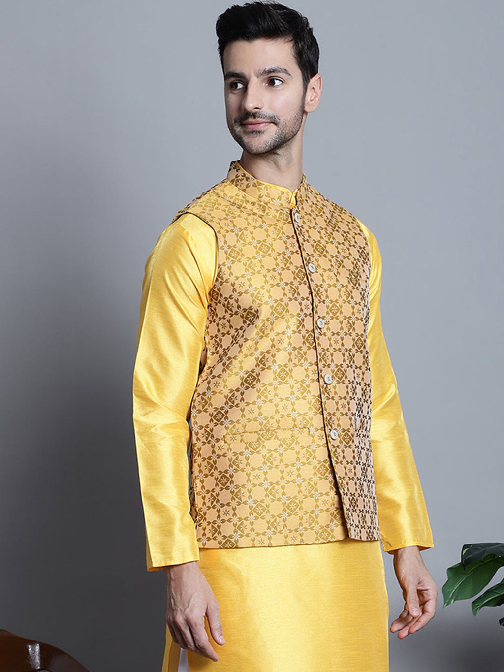 Jompers Men's Woven Design Nehru Jacket - Mustard