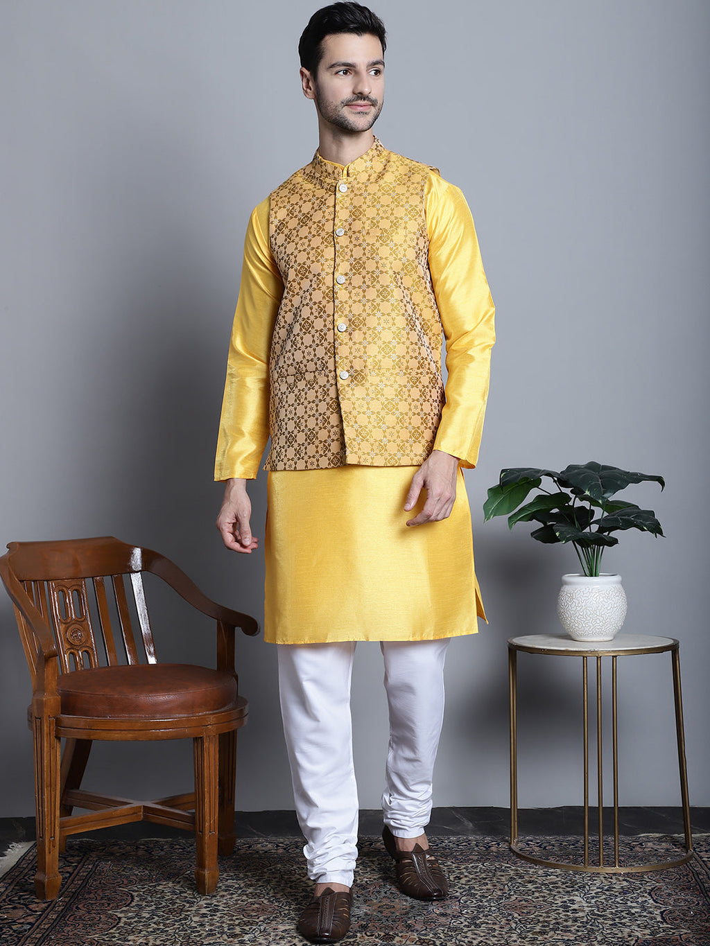 Jompers Men's Woven Design Nehru Jacket - Mustard