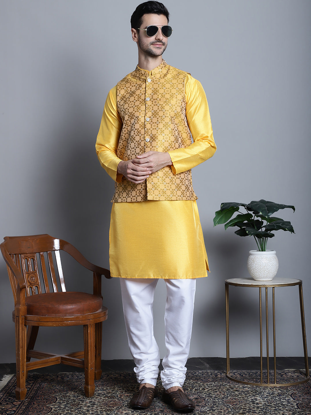 Jompers Men's Woven Design Nehru Jacket - Mustard