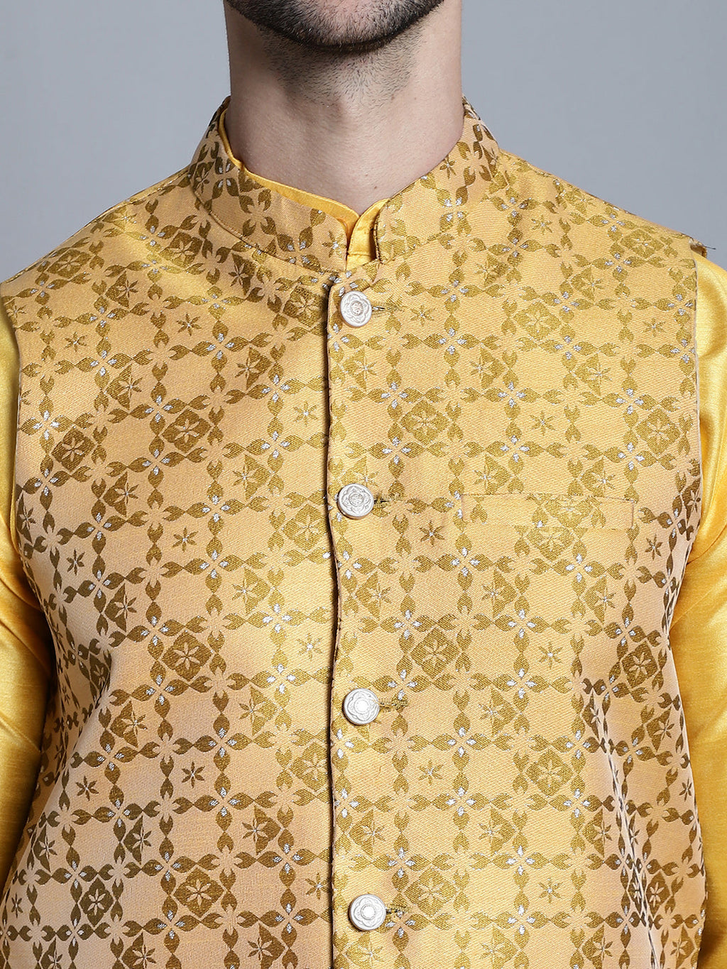 Jompers Men's Woven Design Nehru Jacket - Mustard