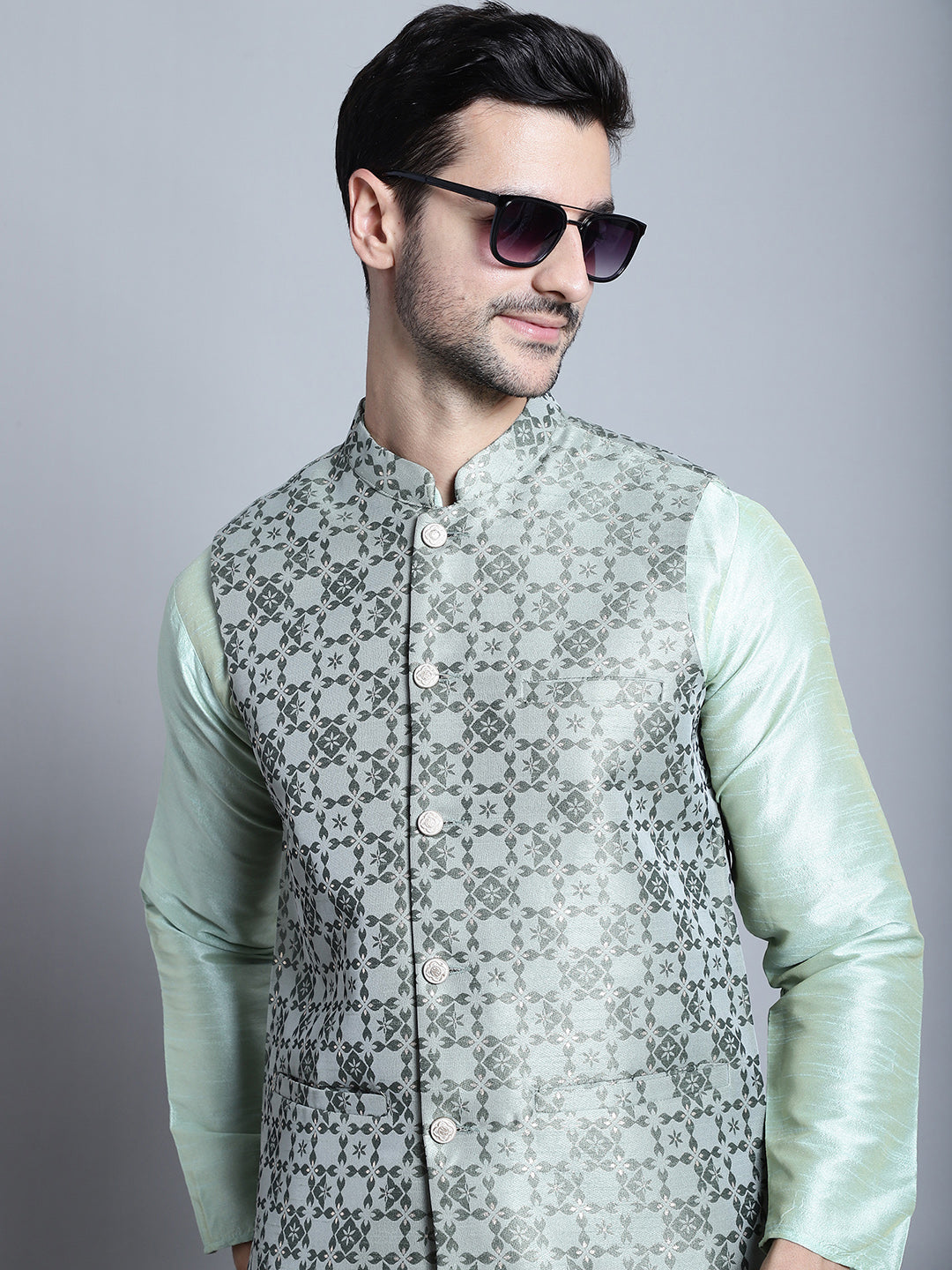 Jompers Men's Woven Design Nehru Jacket - Pista