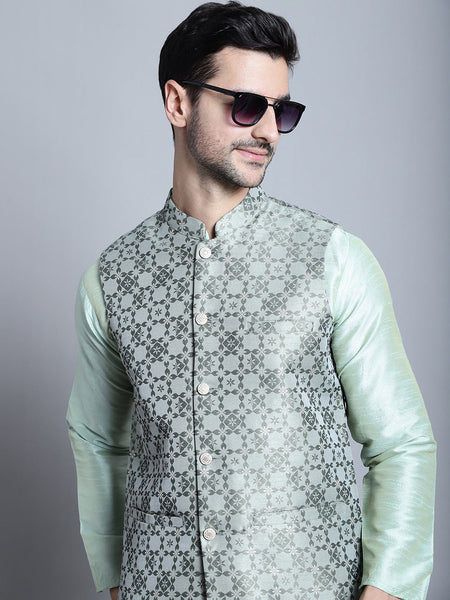 Jompers Men's Woven Design Nehru Jacket - Pista