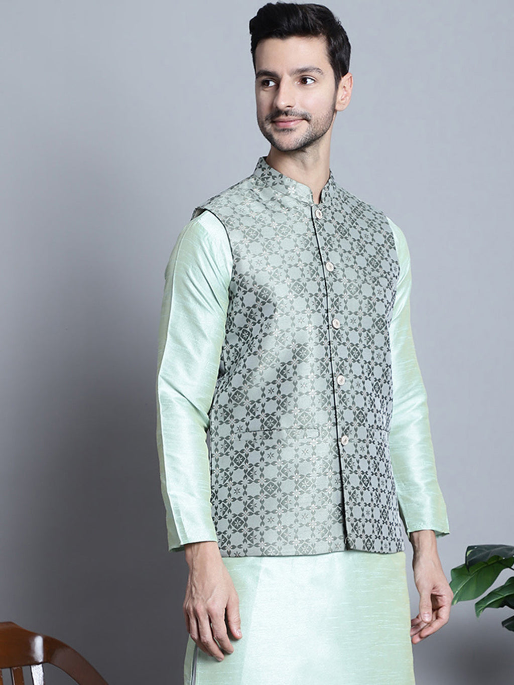Jompers Men's Woven Design Nehru Jacket - Pista