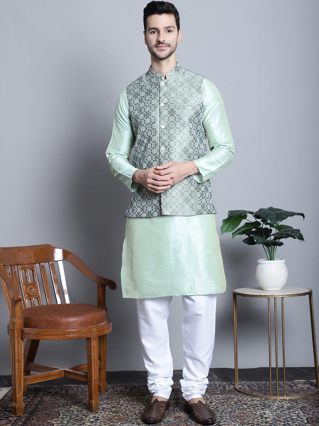 Jompers Men's Woven Design Nehru Jacket - Pista