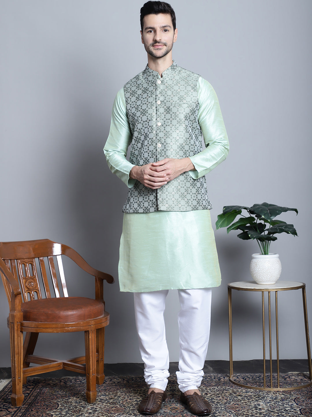 Jompers Men's Woven Design Nehru Jacket - Pista