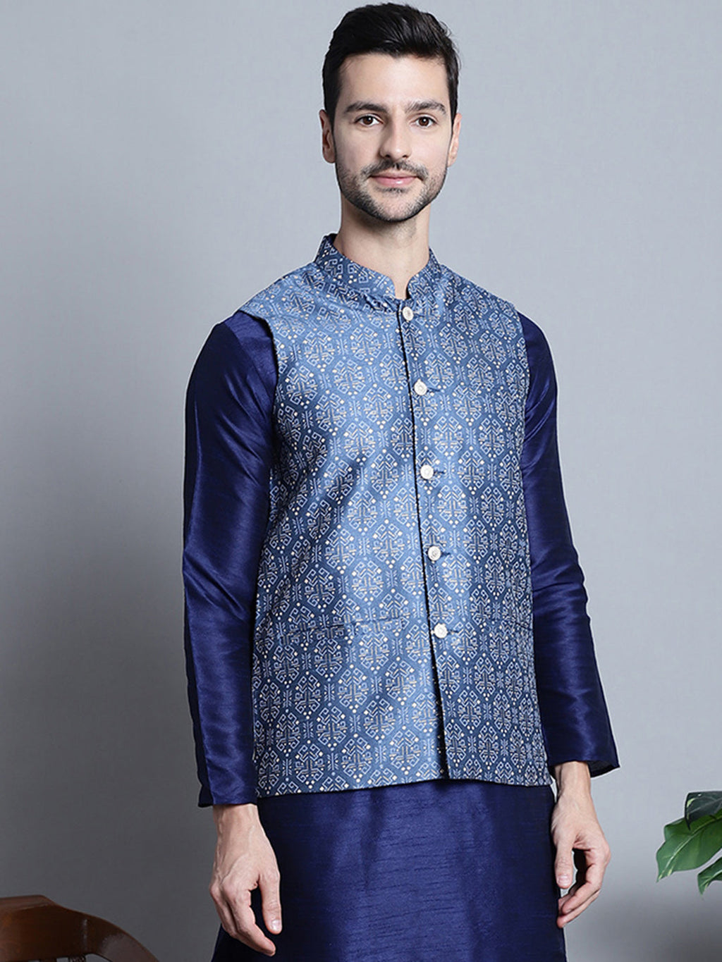 Jompers Men's Printed Nehru Jacket - Blue