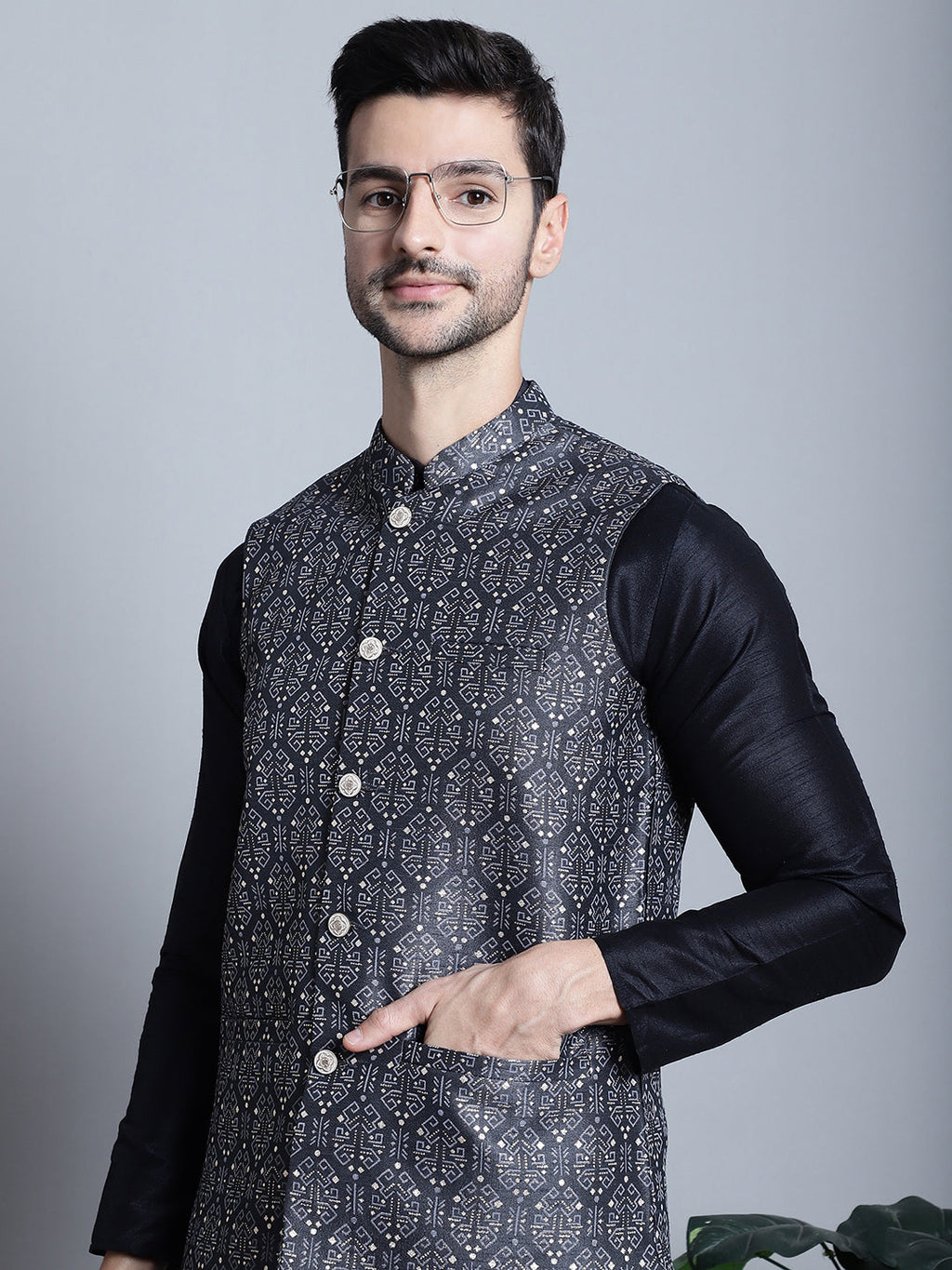 Jompers Men's Printed Nehru Jacket - Charcoal