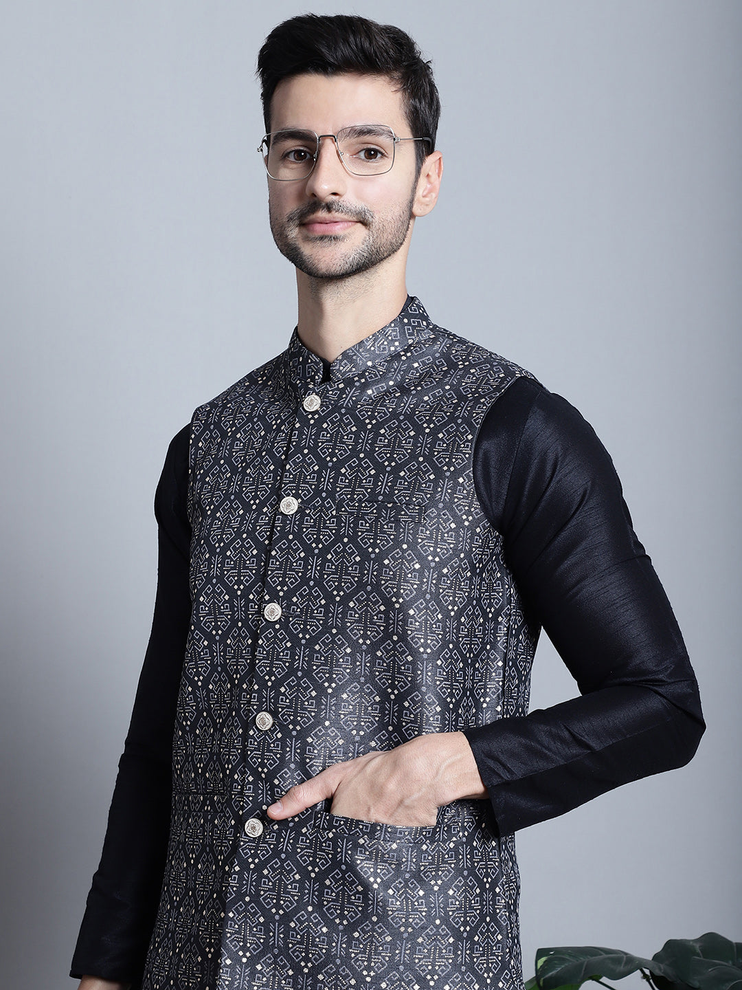 Jompers Men's Printed Nehru Jacket - Charcoal
