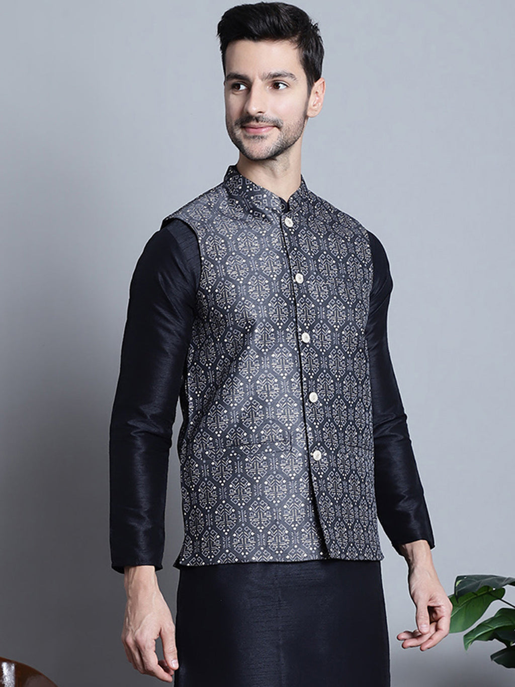 Jompers Men's Printed Nehru Jacket - Charcoal