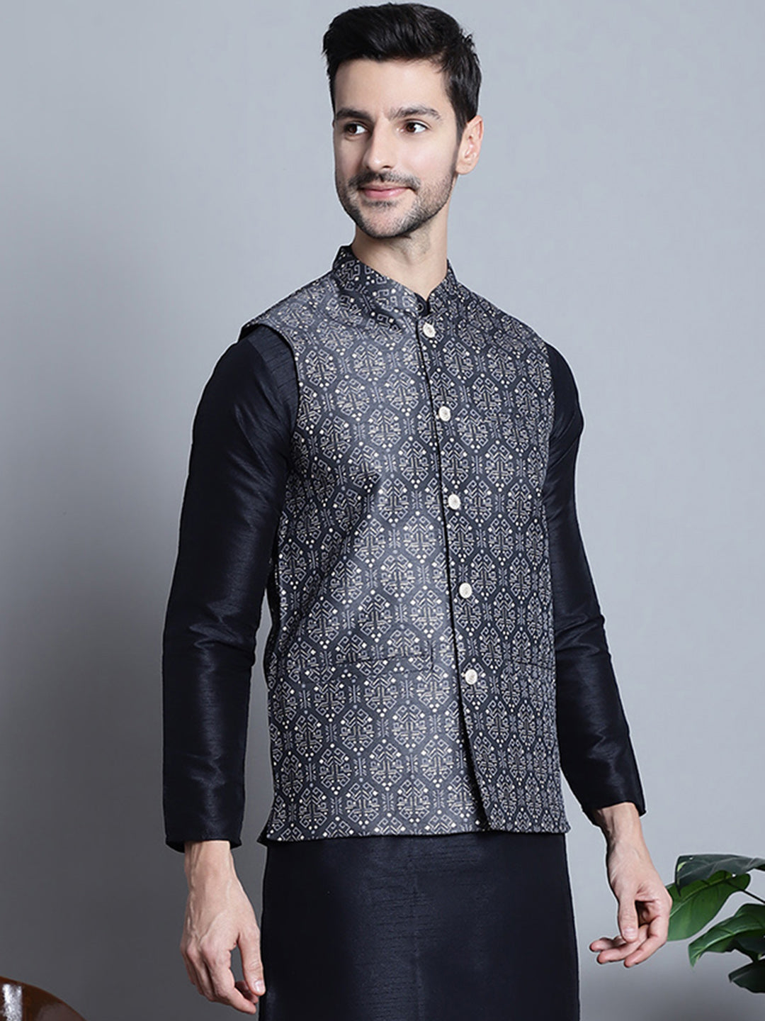 Jompers Men's Printed Nehru Jacket - Charcoal