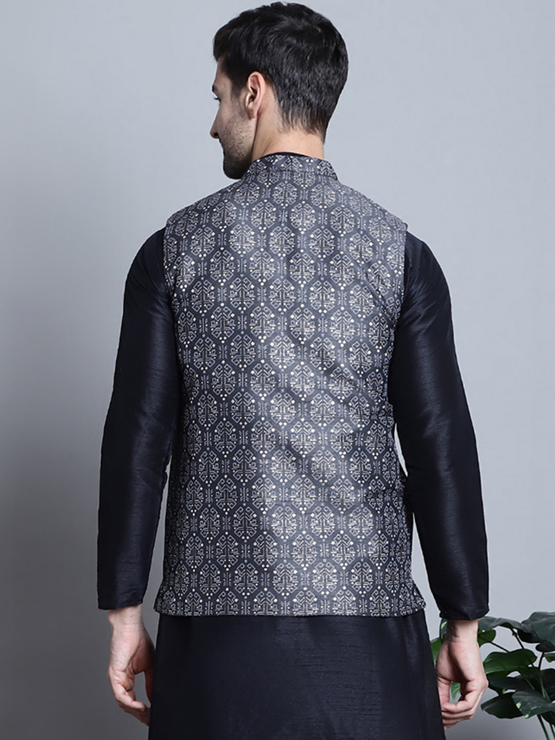 Jompers Men's Printed Nehru Jacket - Charcoal