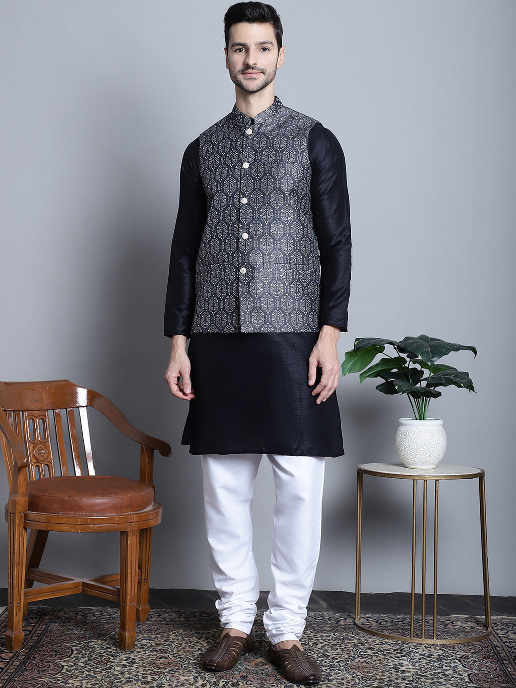 Jompers Men's Printed Nehru Jacket - Charcoal