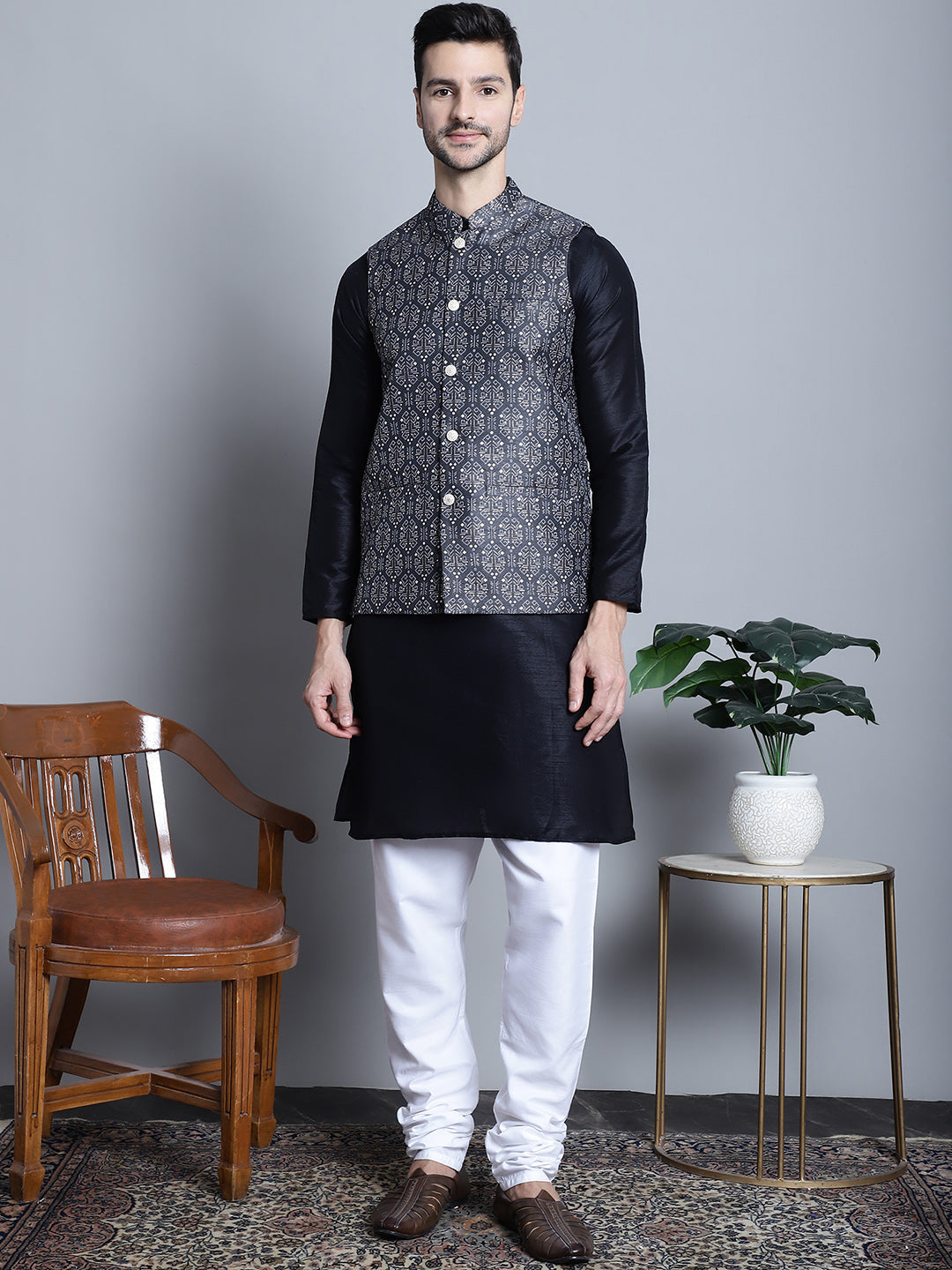 Jompers Men's Printed Nehru Jacket - Charcoal