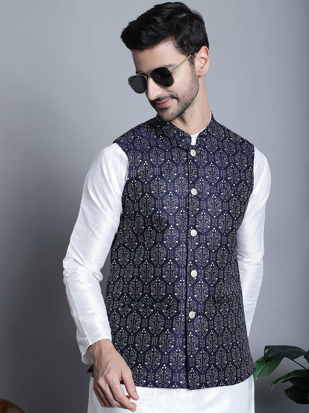 Jompers Men's Printed Nehru Jacket - Navy Blue