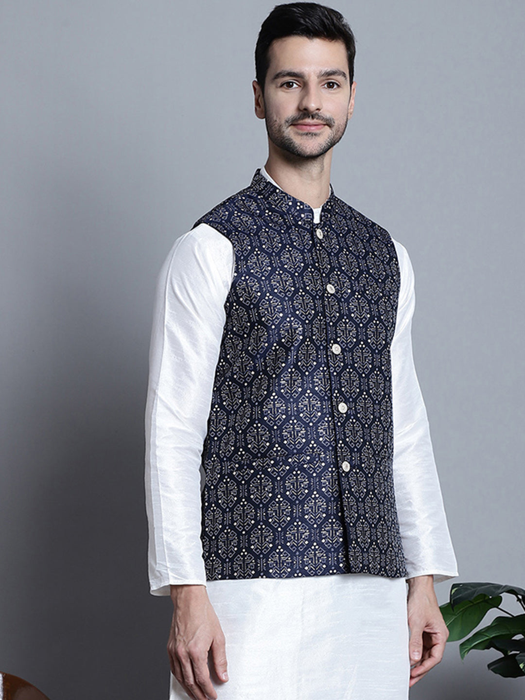 Jompers Men's Printed Nehru Jacket - Navy Blue