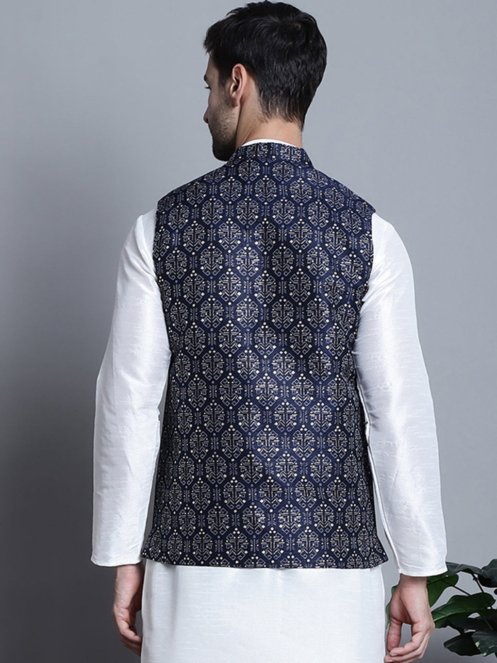 Jompers Men's Printed Nehru Jacket - Navy Blue