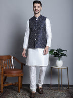 Jompers Men's Printed Nehru Jacket - Navy Blue