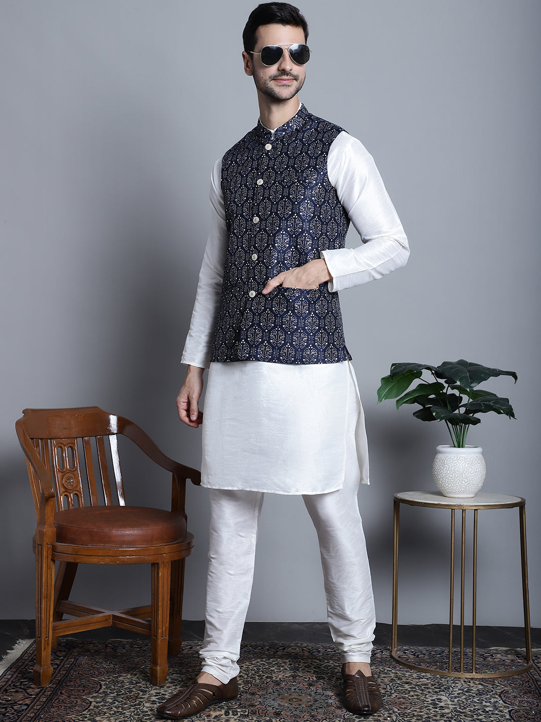 Jompers Men's Printed Nehru Jacket - Navy Blue