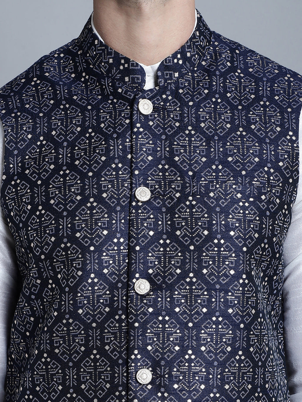 Jompers Men's Printed Nehru Jacket - Navy Blue
