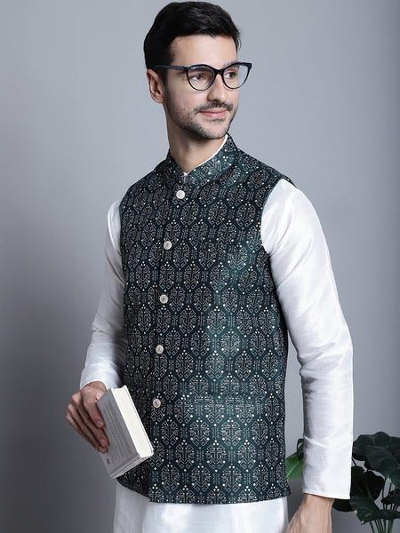 Jompers Men's Printed Nehru Jacket - Olive