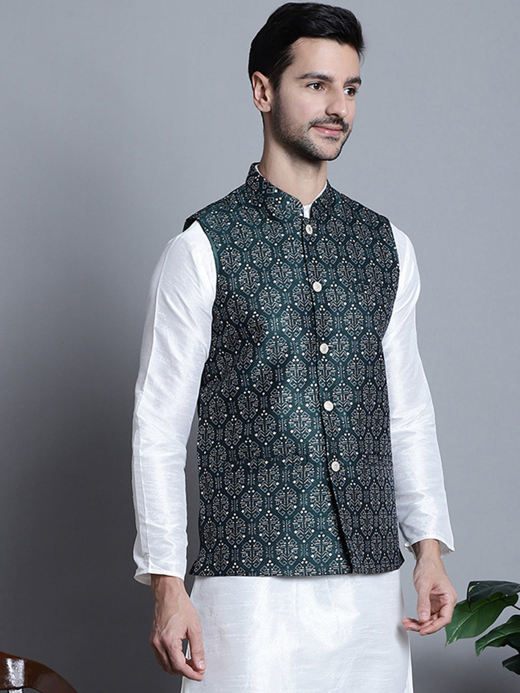 Jompers Men's Printed Nehru Jacket - Olive