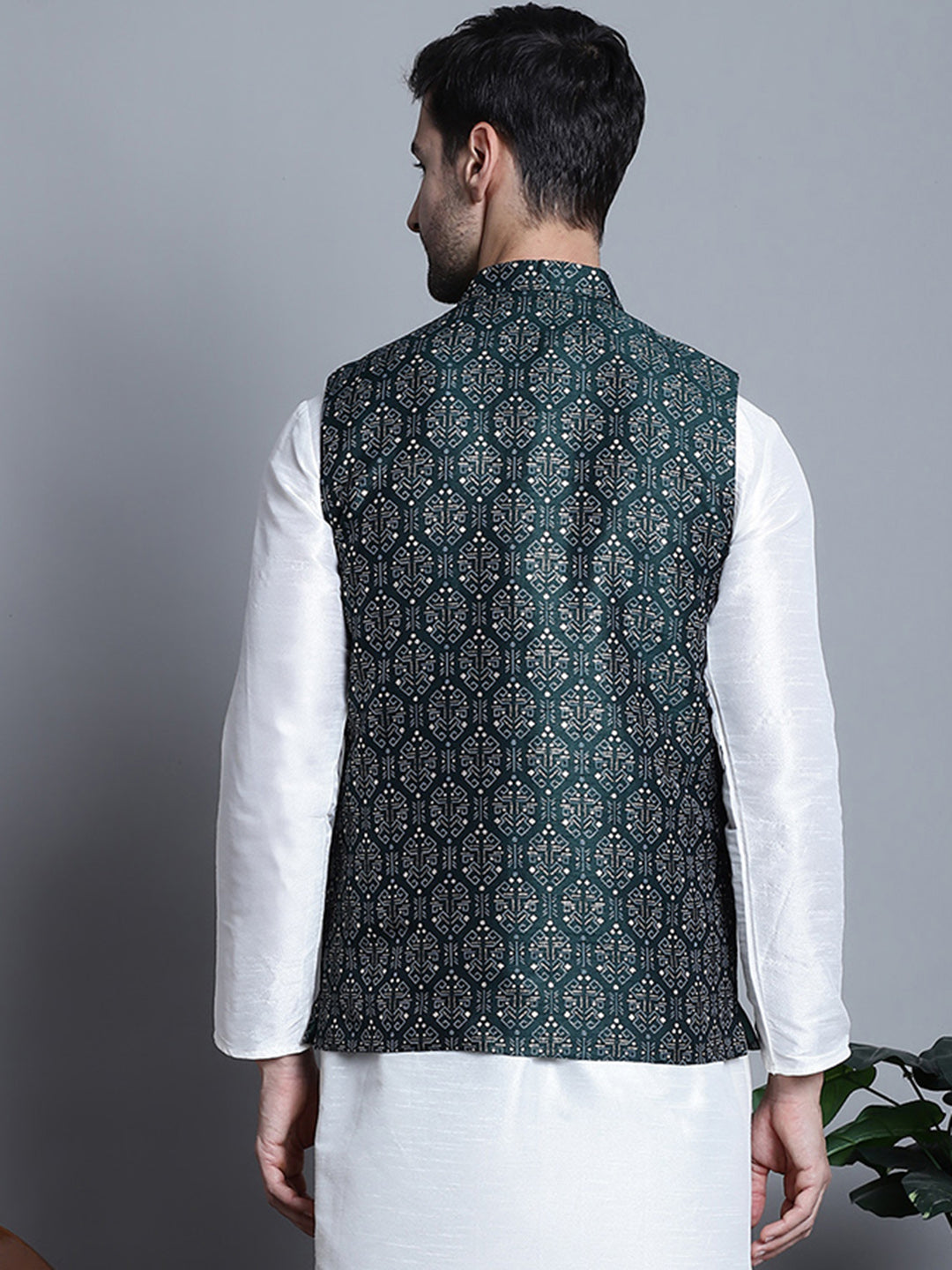 Jompers Men's Printed Nehru Jacket - Olive