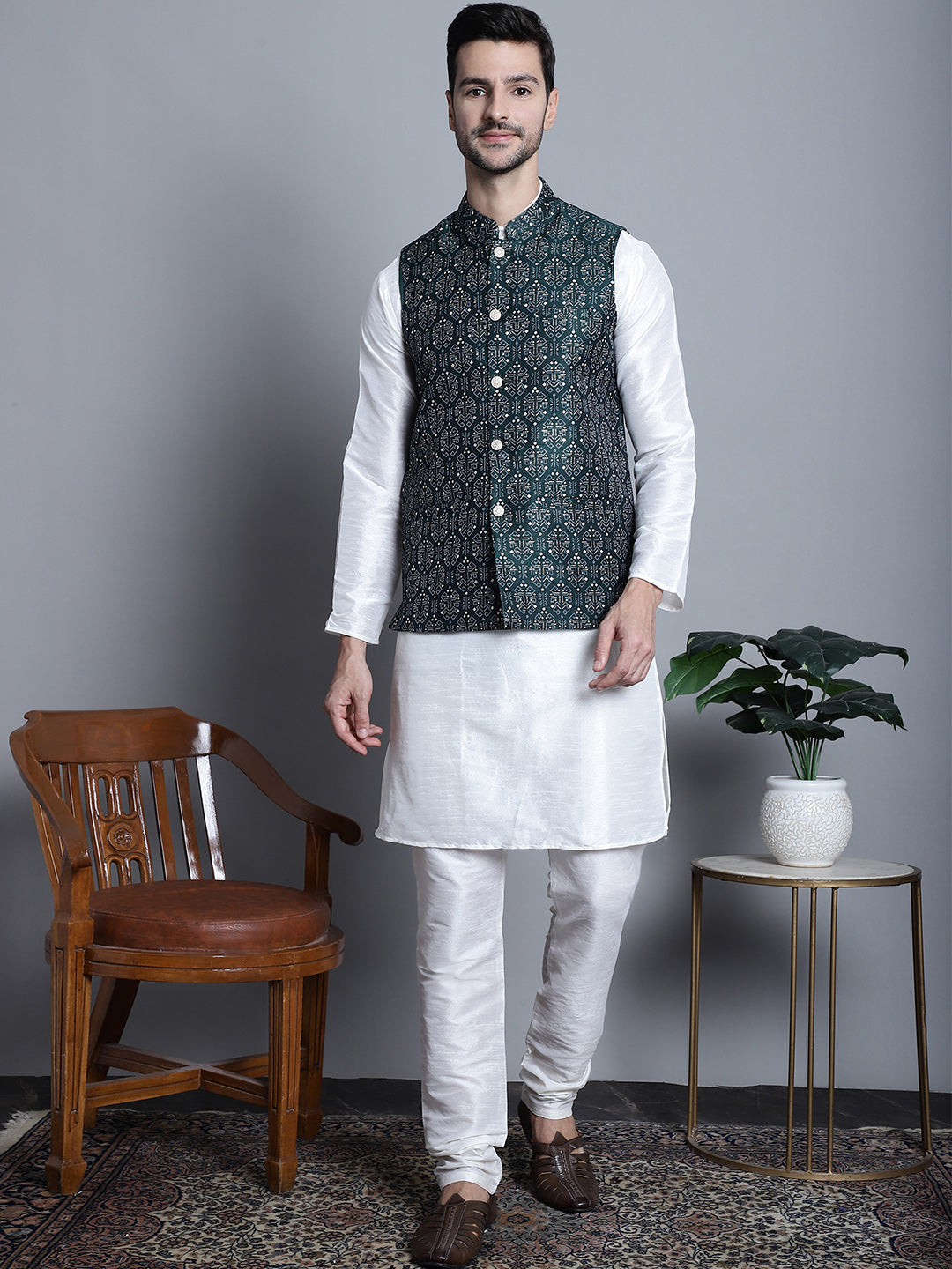Jompers Men's Printed Nehru Jacket - Olive