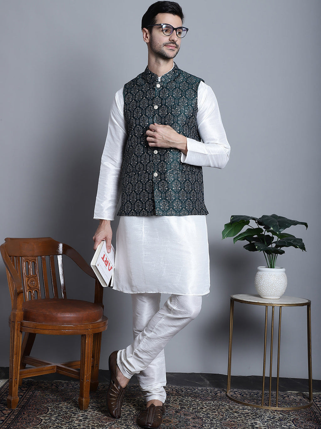 Jompers Men's Printed Nehru Jacket - Olive