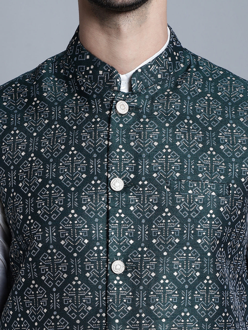 Jompers Men's Printed Nehru Jacket - Olive