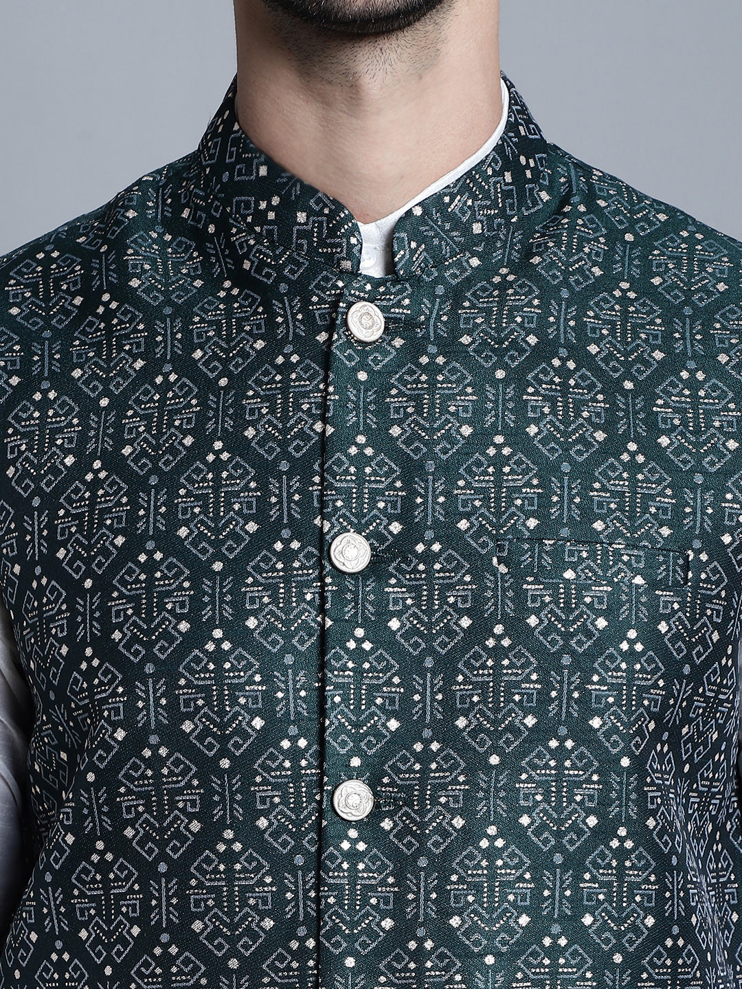Jompers Men's Printed Nehru Jacket - Olive