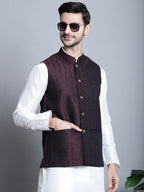 Jompers Men's Woven Design Nehru Jacket - Maroon