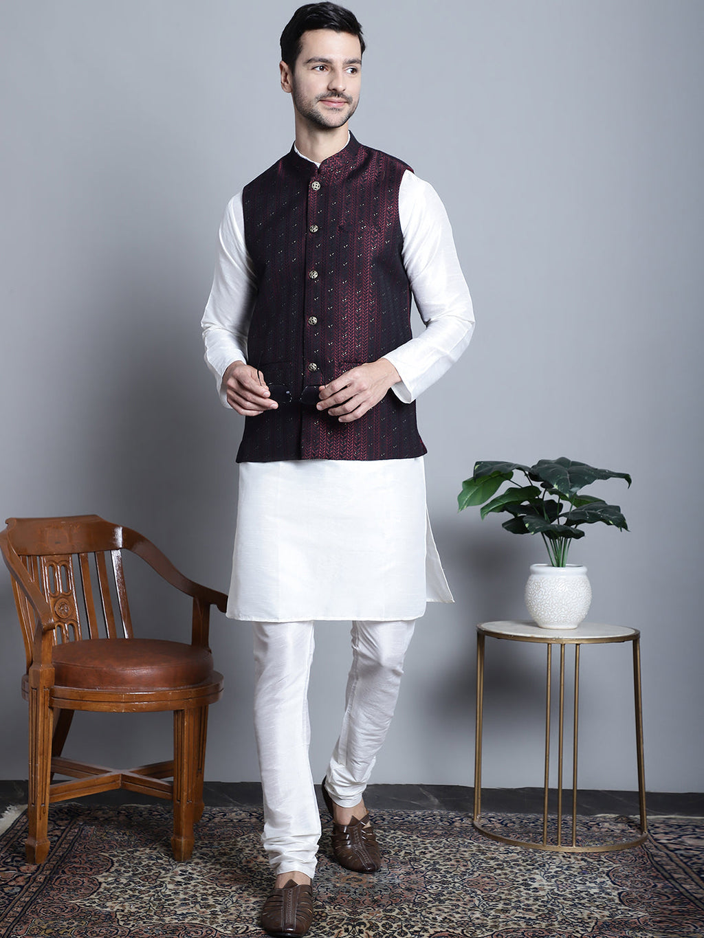 Jompers Men's Woven Design Nehru Jacket - Maroon