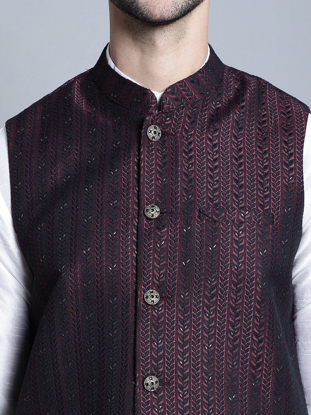 Jompers Men's Woven Design Nehru Jacket - Maroon