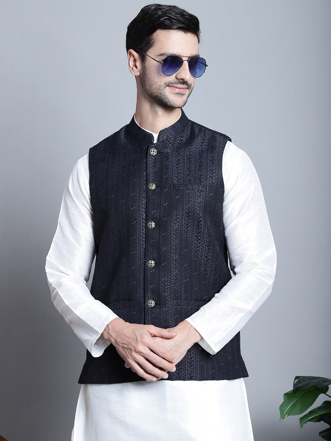 Jompers Men's Woven Design Nehru Jacket - Navy Blue