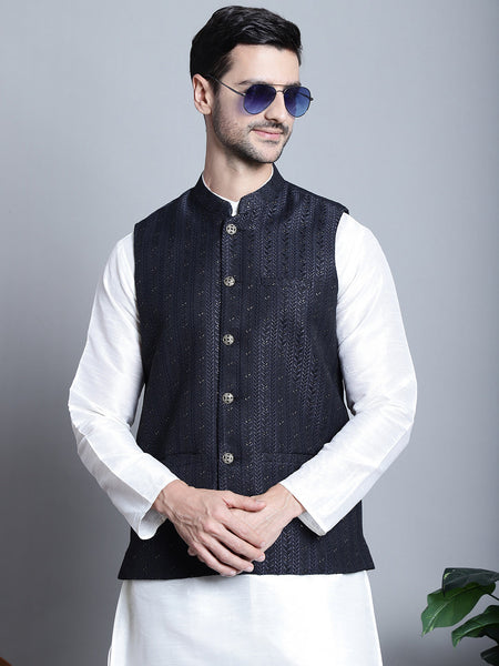 Jompers Men's Woven Design Nehru Jacket - Navy Blue