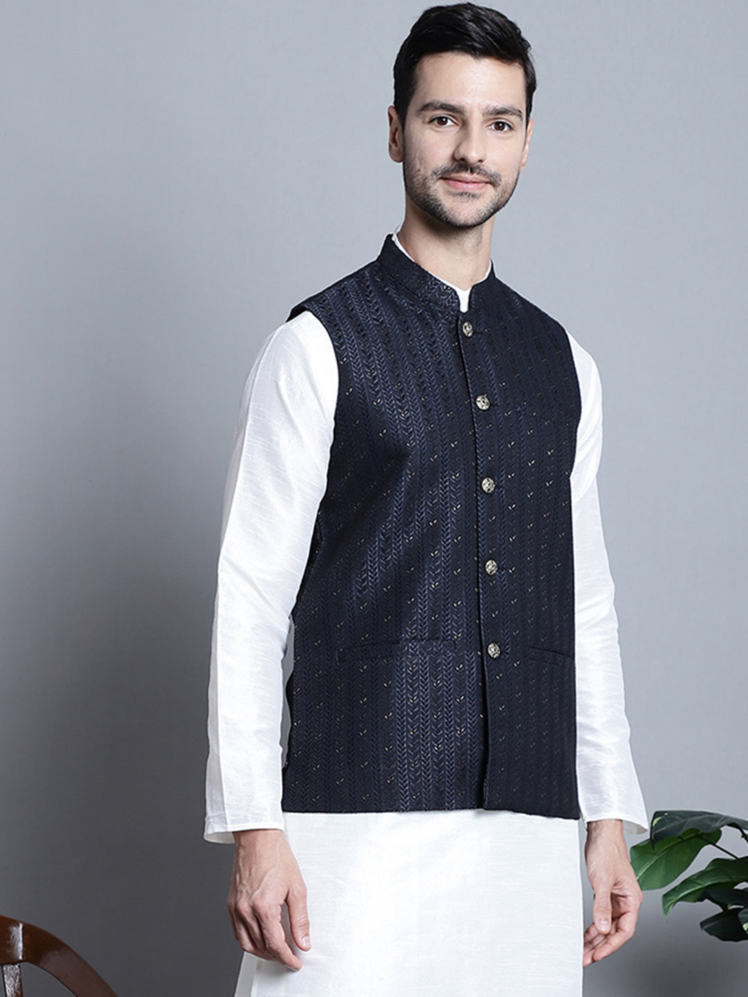 Jompers Men's Woven Design Nehru Jacket - Navy Blue