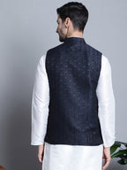 Jompers Men's Woven Design Nehru Jacket - Navy Blue