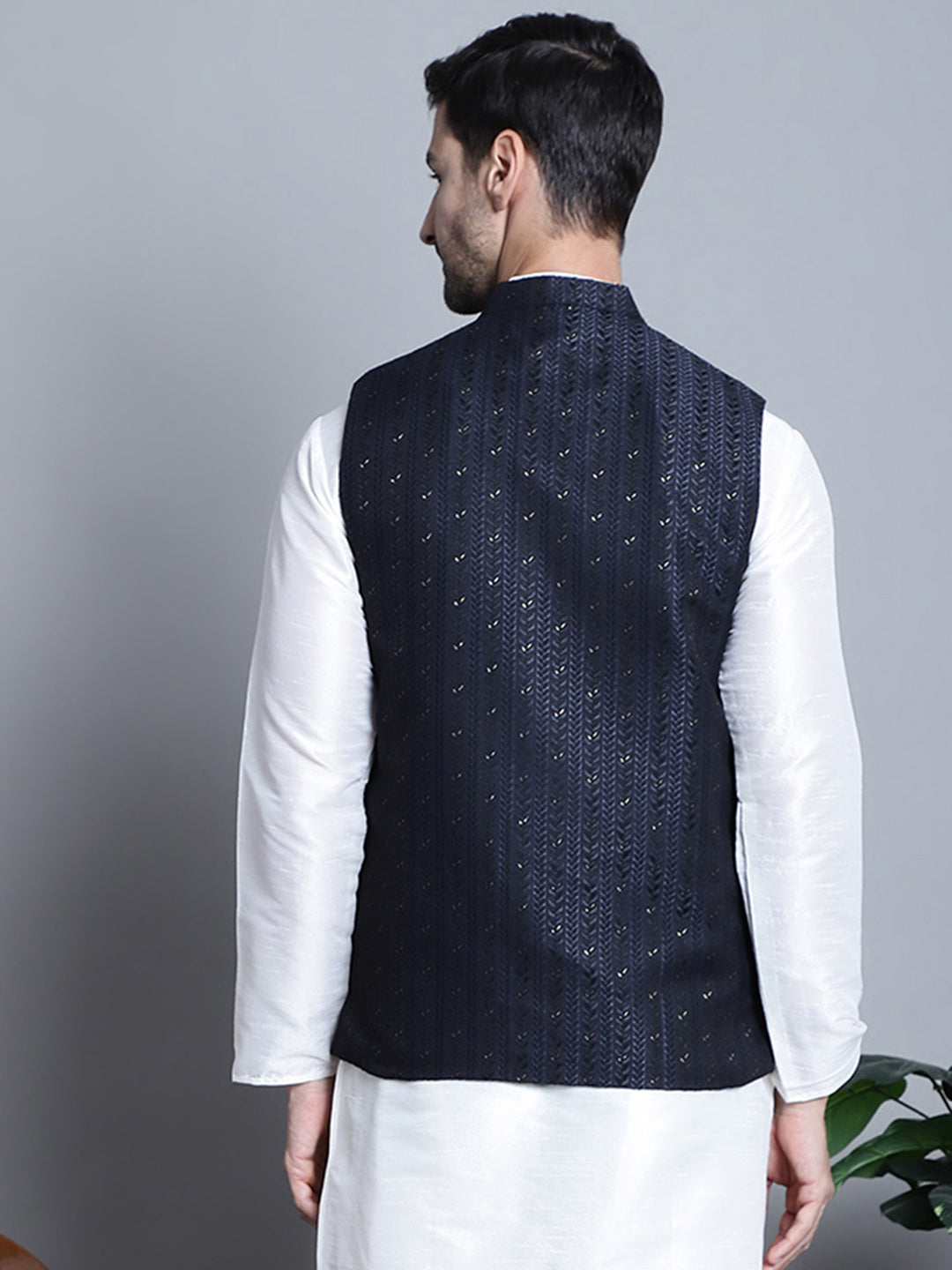 Jompers Men's Woven Design Nehru Jacket - Navy Blue