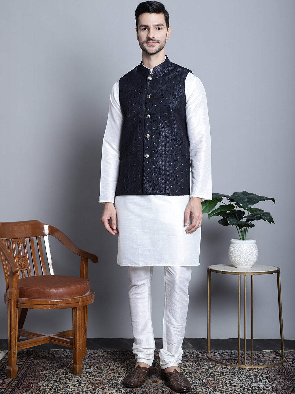 Jompers Men's Woven Design Nehru Jacket - Navy Blue