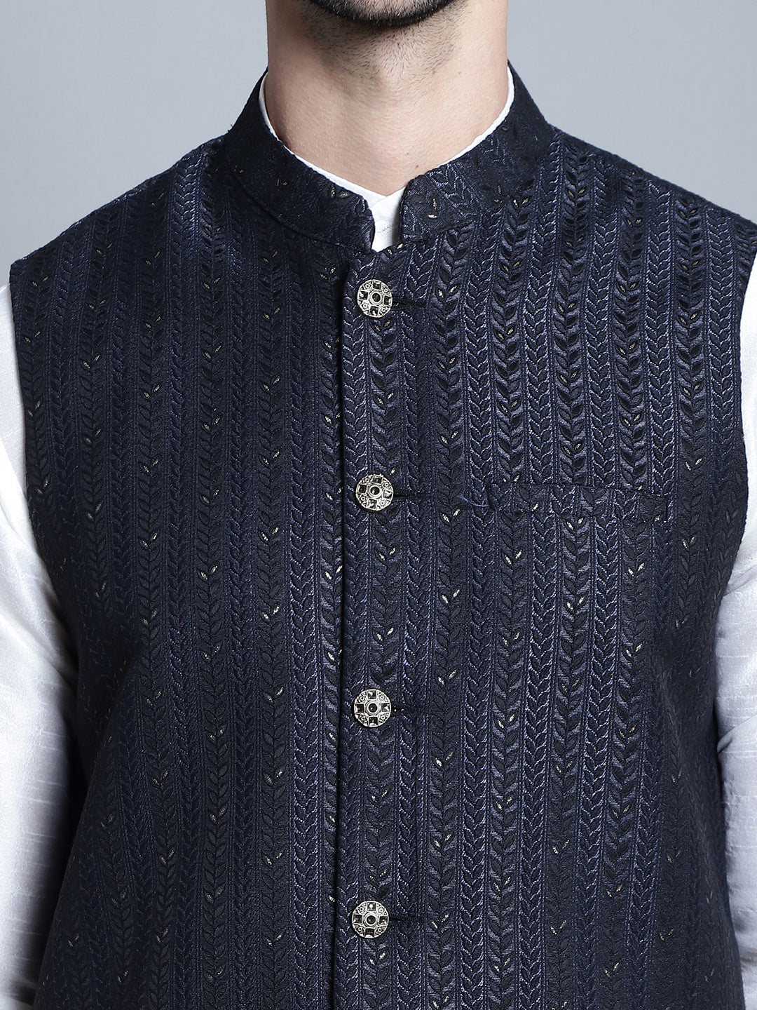 Jompers Men's Woven Design Nehru Jacket - Navy Blue