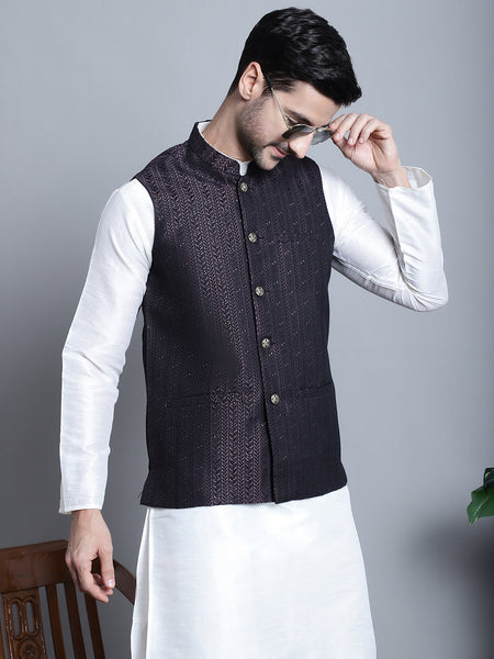 Jompers Men's Woven Design Nehru Jacket - Purple