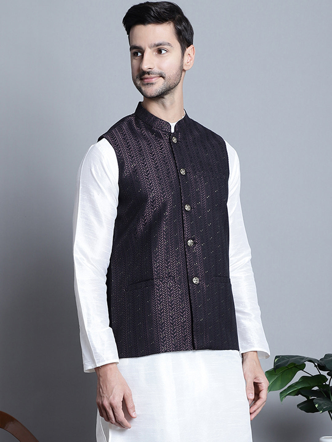 Jompers Men's Woven Design Nehru Jacket - Purple