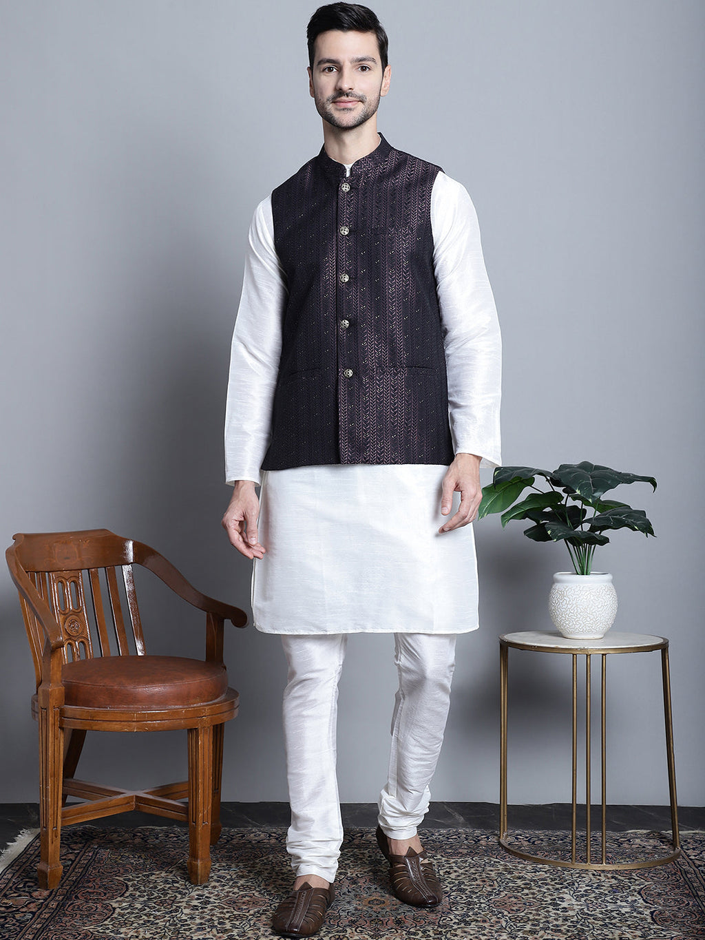 Jompers Men's Woven Design Nehru Jacket - Purple