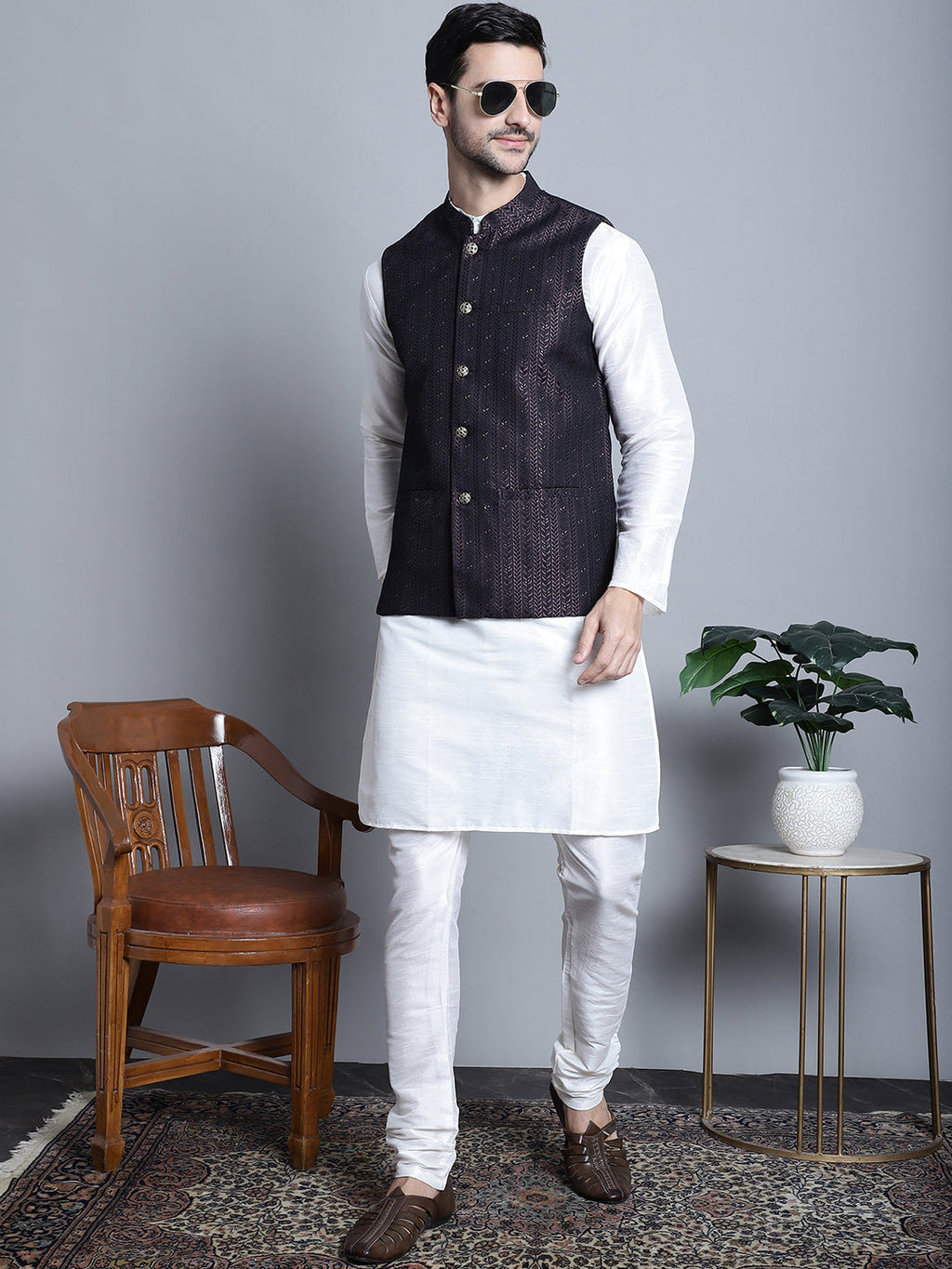 Jompers Men's Woven Design Nehru Jacket - Purple