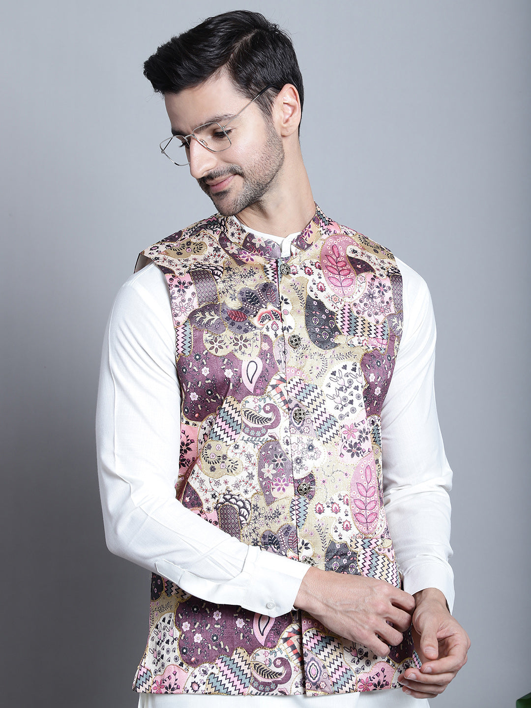 Jompers Men's Printed With Zari Work Nehru Jacket - Purple