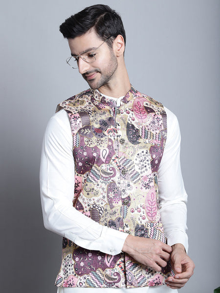 Jompers Men's Printed With Zari Work Nehru Jacket - Purple