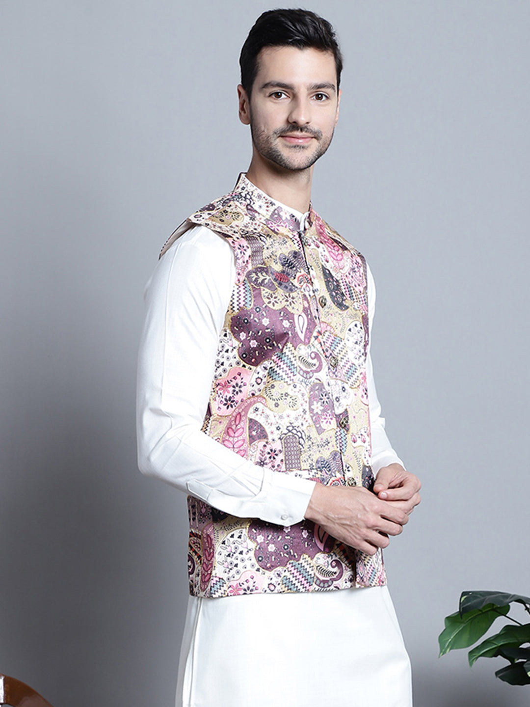 Jompers Men's Printed With Zari Work Nehru Jacket - Purple