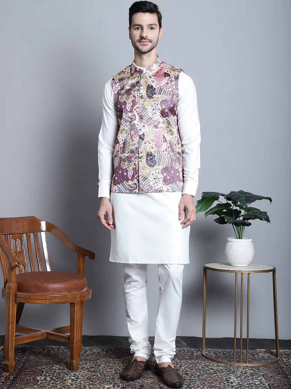 Jompers Men's Printed With Zari Work Nehru Jacket - Purple