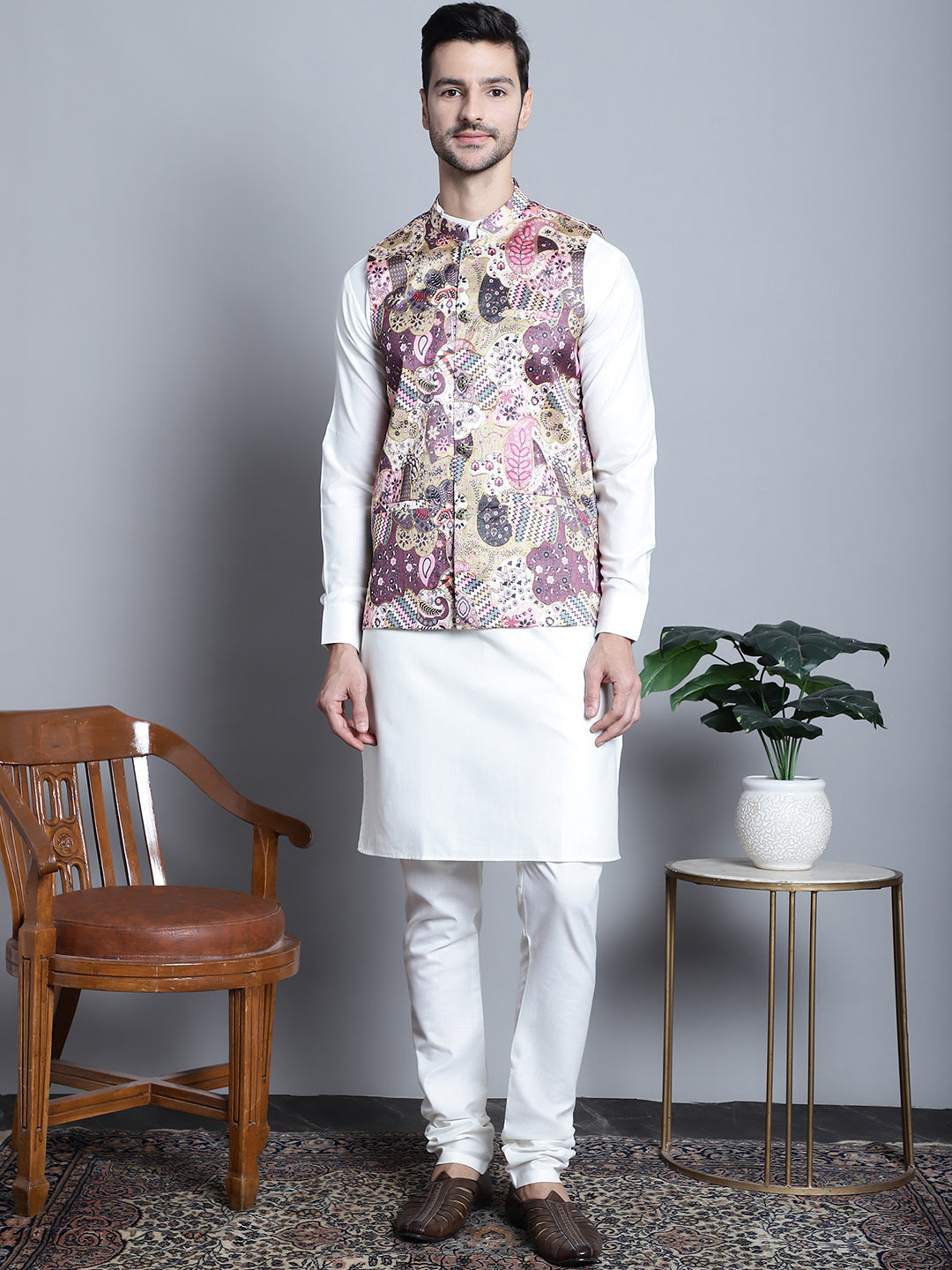 Jompers Men's Printed With Zari Work Nehru Jacket - Purple