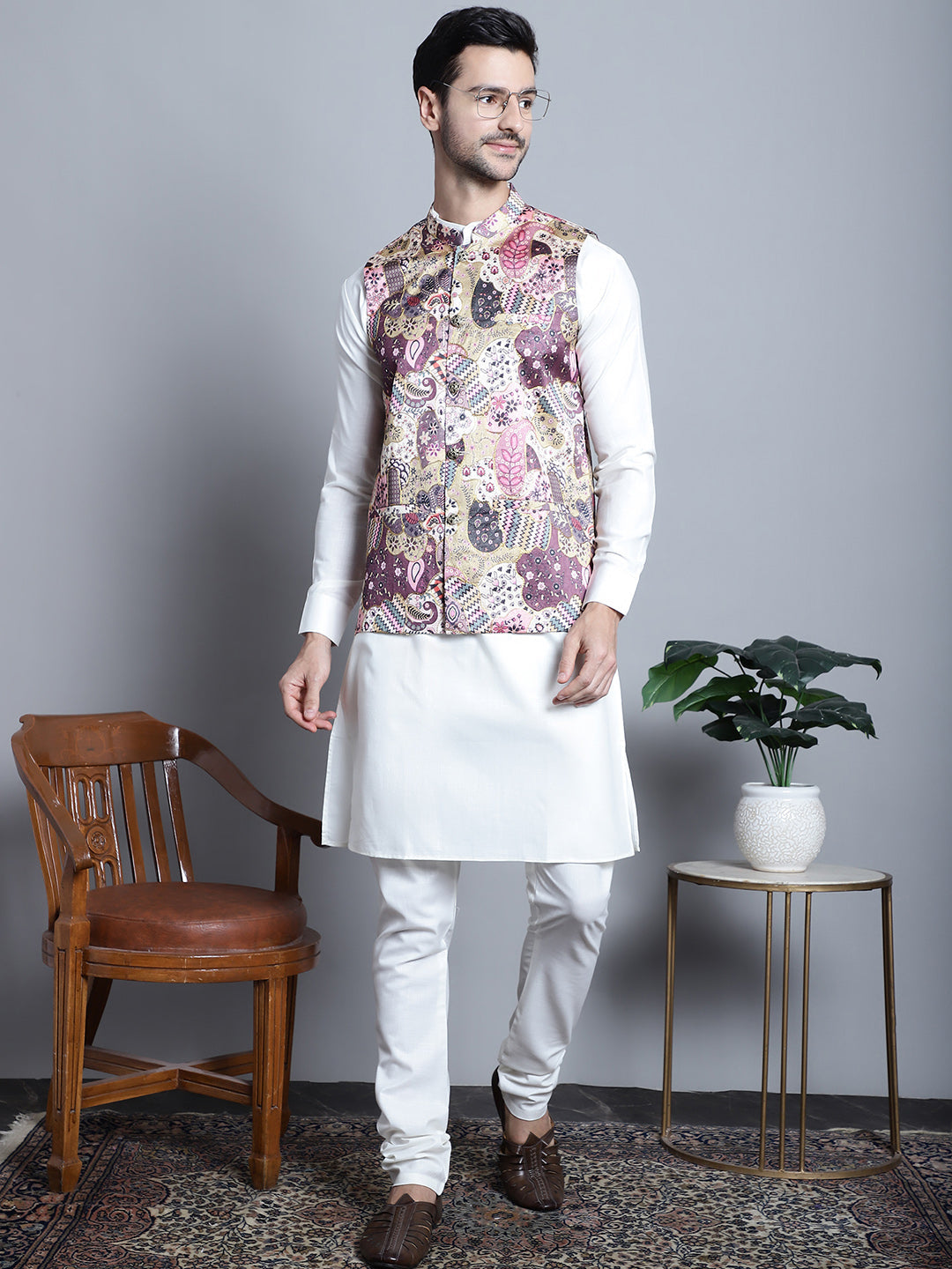 Jompers Men's Printed With Zari Work Nehru Jacket - Purple